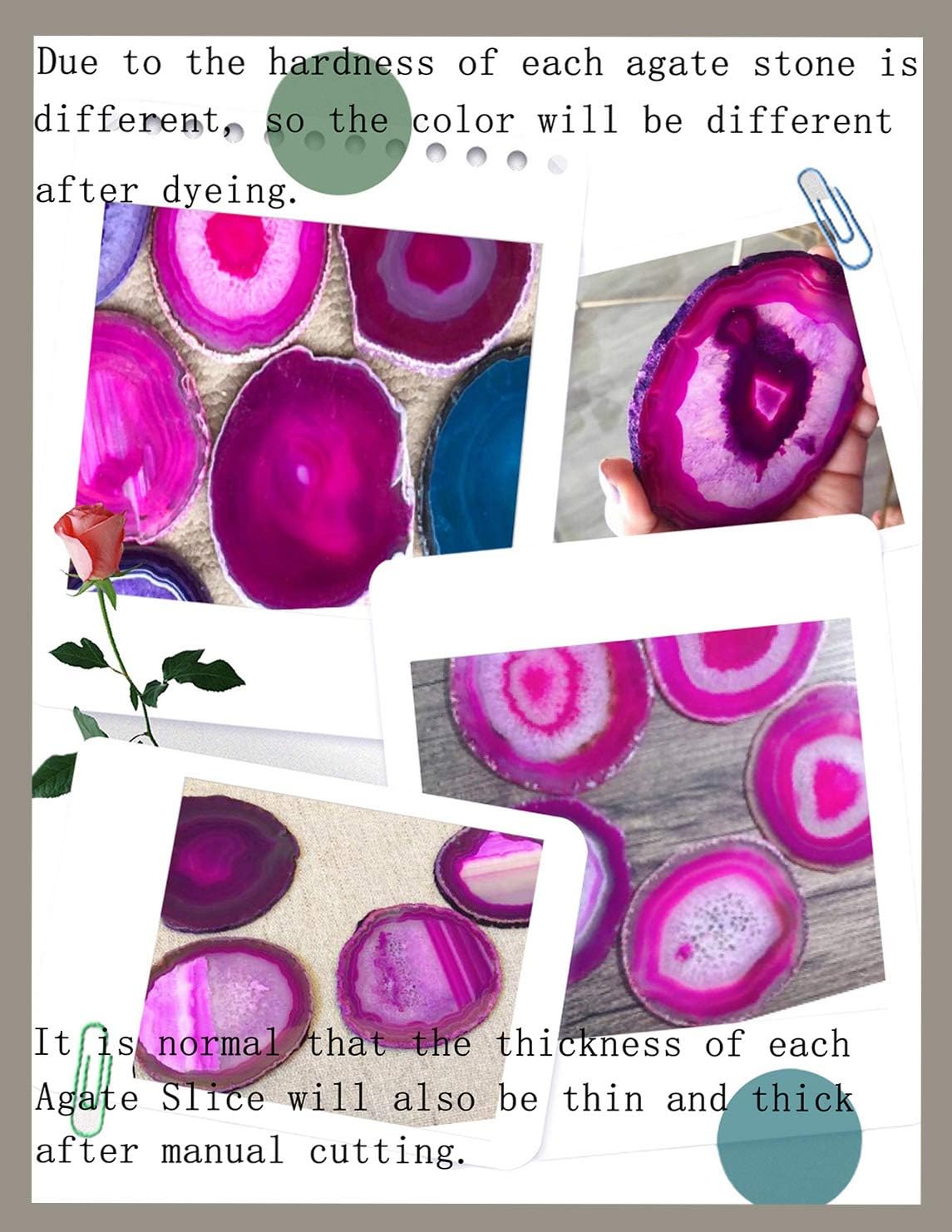 Set of 4 Dyed Pink Agate Geode Coasters Slices with Rubber Bumpers