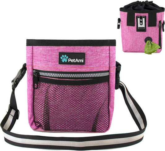 Dog Treat Pouch, Pet Treat Pouch for Training, Dog Walking Bag Holder for Kibbles, Pet Food Toy, Dog Trainer Essentials Supplies, Poop Bag Dispenser, 3 Ways to Wear (Pink)