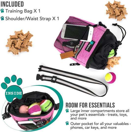 Dog Treat Pouch, Pet Treat Pouch for Training, Dog Walking Bag Holder for Kibbles, Pet Food Toy, Dog Trainer Essentials Supplies, Poop Bag Dispenser, 3 Ways to Wear (Pink)