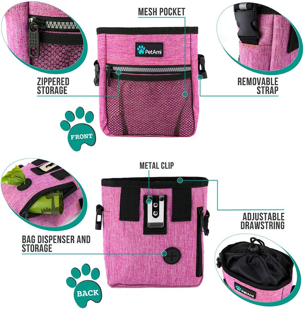 Dog Treat Pouch, Pet Treat Pouch for Training, Dog Walking Bag Holder for Kibbles, Pet Food Toy, Dog Trainer Essentials Supplies, Poop Bag Dispenser, 3 Ways to Wear (Pink)