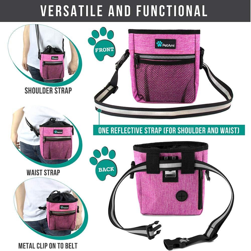 Dog Treat Pouch, Pet Treat Pouch for Training, Dog Walking Bag Holder for Kibbles, Pet Food Toy, Dog Trainer Essentials Supplies, Poop Bag Dispenser, 3 Ways to Wear (Pink)