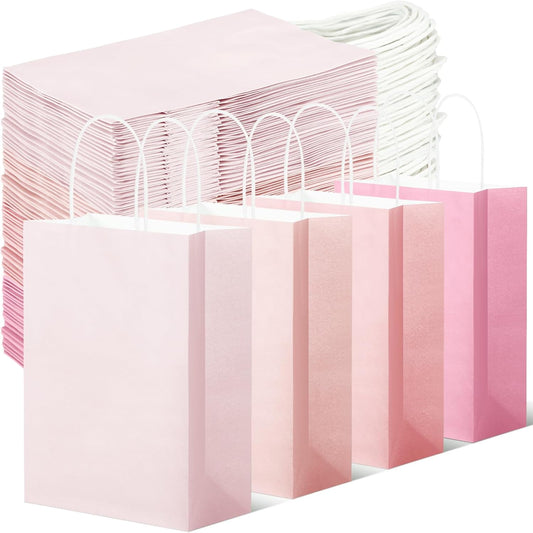 100 Pcs Gift Bags Kraft Paper Bags with Handles Medium Gift Bags for Wedding Baby Shower Bridal Shower Shopping Party Favor Boutique Business (Pink Gradient Color)