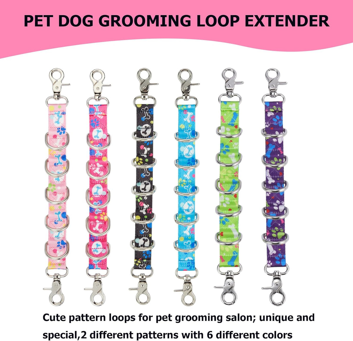 Dog Grooming Loop 2 Pack Dogs Grooming Table Arm Extension Straps Cute Unique Paw Pattern Double Snaps & 5 D-Ring Design Extender Strap for Pet Salon(Pattern-2)