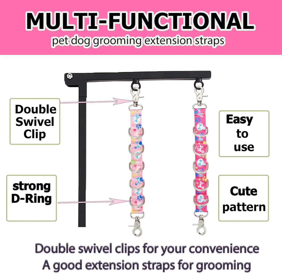 Dog Grooming Loop 2 Pack Dogs Grooming Table Arm Extension Straps Cute Unique Paw Pattern Double Snaps & 5 D-Ring Design Extender Strap for Pet Salon(Pattern-2)