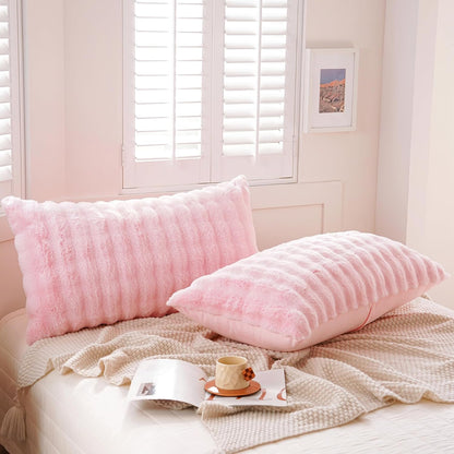 Set of 2 Faux Fur Pillowcases, Luxury Bubble Waffle Carved Plush Standard Size Pillow Shams Soft and Furry, Zipper Closure (Pink, 20"x26")