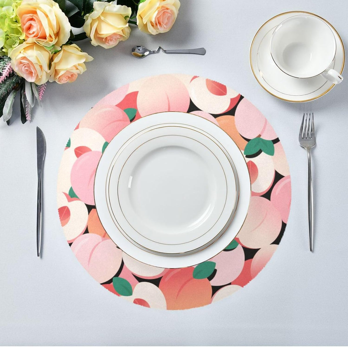 Cartoon Cute Peach Pink spring placemats round placemats set of 4 vinyl 15.4x15.4in manteles para mesa de comedor decorations decor decoration