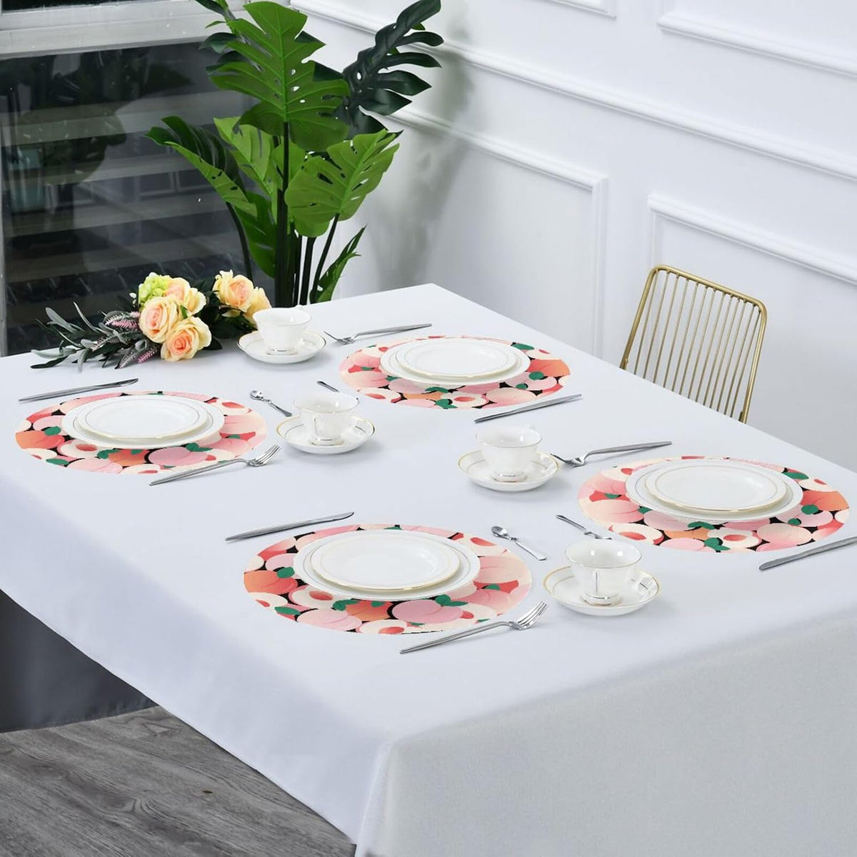 Cartoon Cute Peach Pink spring placemats round placemats set of 4 vinyl 15.4x15.4in manteles para mesa de comedor decorations decor decoration