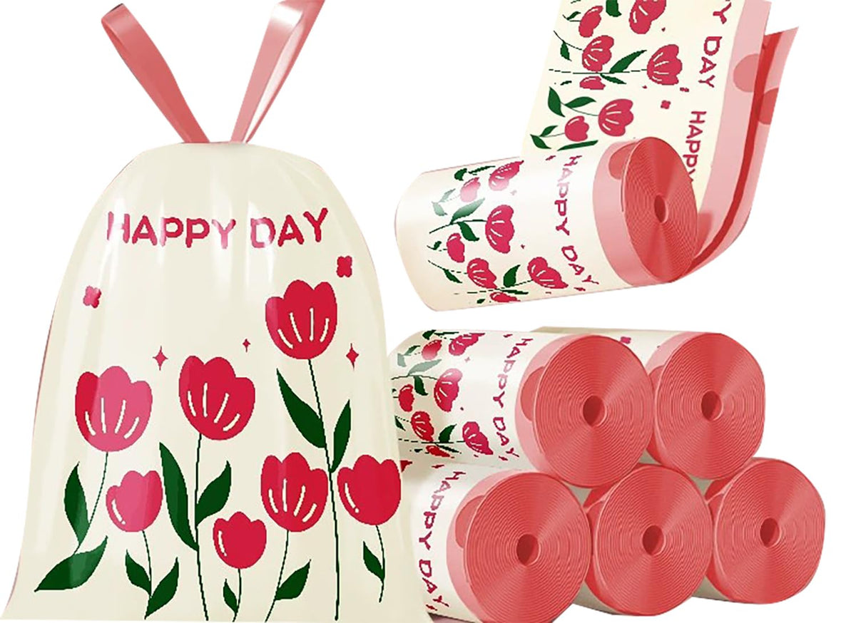 4 Gallon Trash Bags 100pcs Drawstring Tearing-free for Bathroom Office Home Bedroom Trash Can with Pink Floral Printed Garbage Basket Bags (4Gallon 100pcs)
