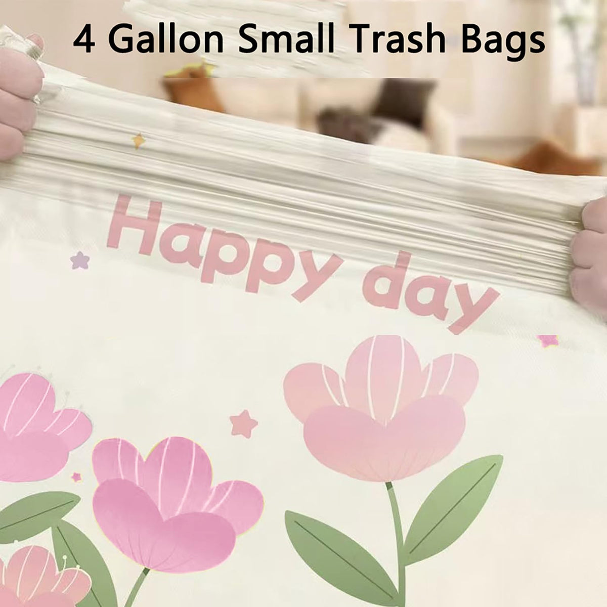 4 Gallon Trash Bags 100pcs Drawstring Tearing-free for Bathroom Office Home Bedroom Trash Can with Pink Floral Printed Garbage Basket Bags (4Gallon 100pcs)