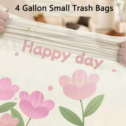 4 Gallon Trash Bags 100pcs Drawstring Tearing-free for Bathroom Office Home Bedroom Trash Can with Pink Floral Printed Garbage Basket Bags (4Gallon 100pcs)