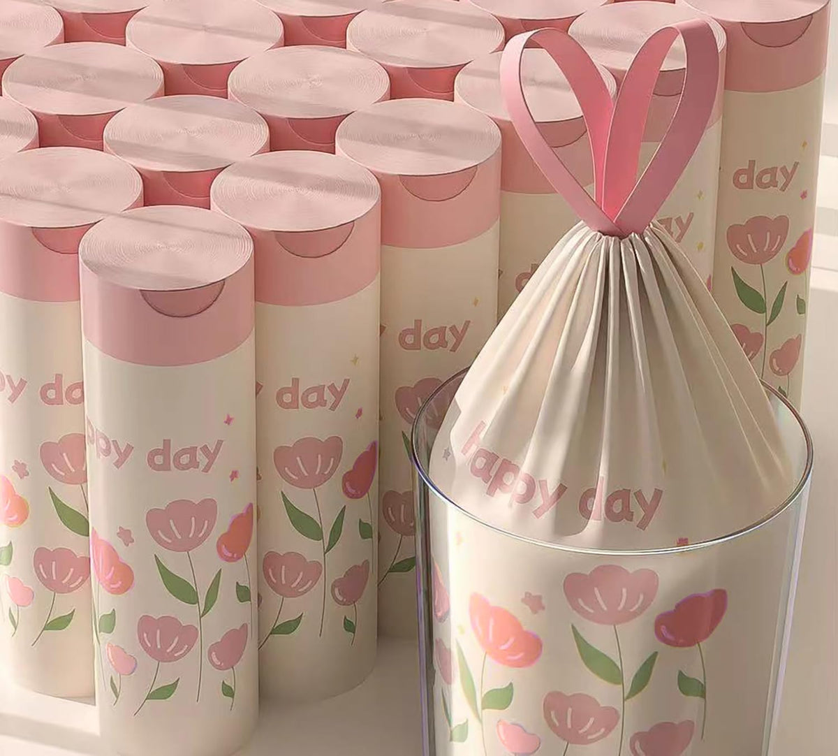 4 Gallon Trash Bags 100pcs Drawstring Tearing-free for Bathroom Office Home Bedroom Trash Can with Pink Floral Printed Garbage Basket Bags (4Gallon 100pcs)