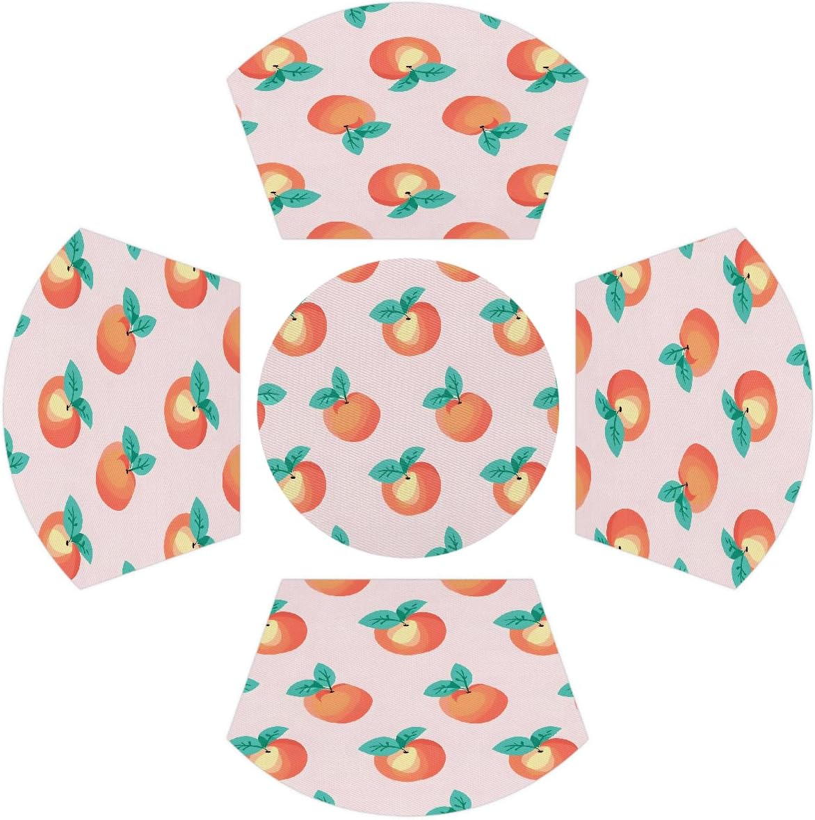 PVC Wedge Placemats for Round Tables Set of 5,Waterproof Heat-Resistant Table Mats, 17.7x11.8 Inch, Fruits Peach Pattern Printed Decor