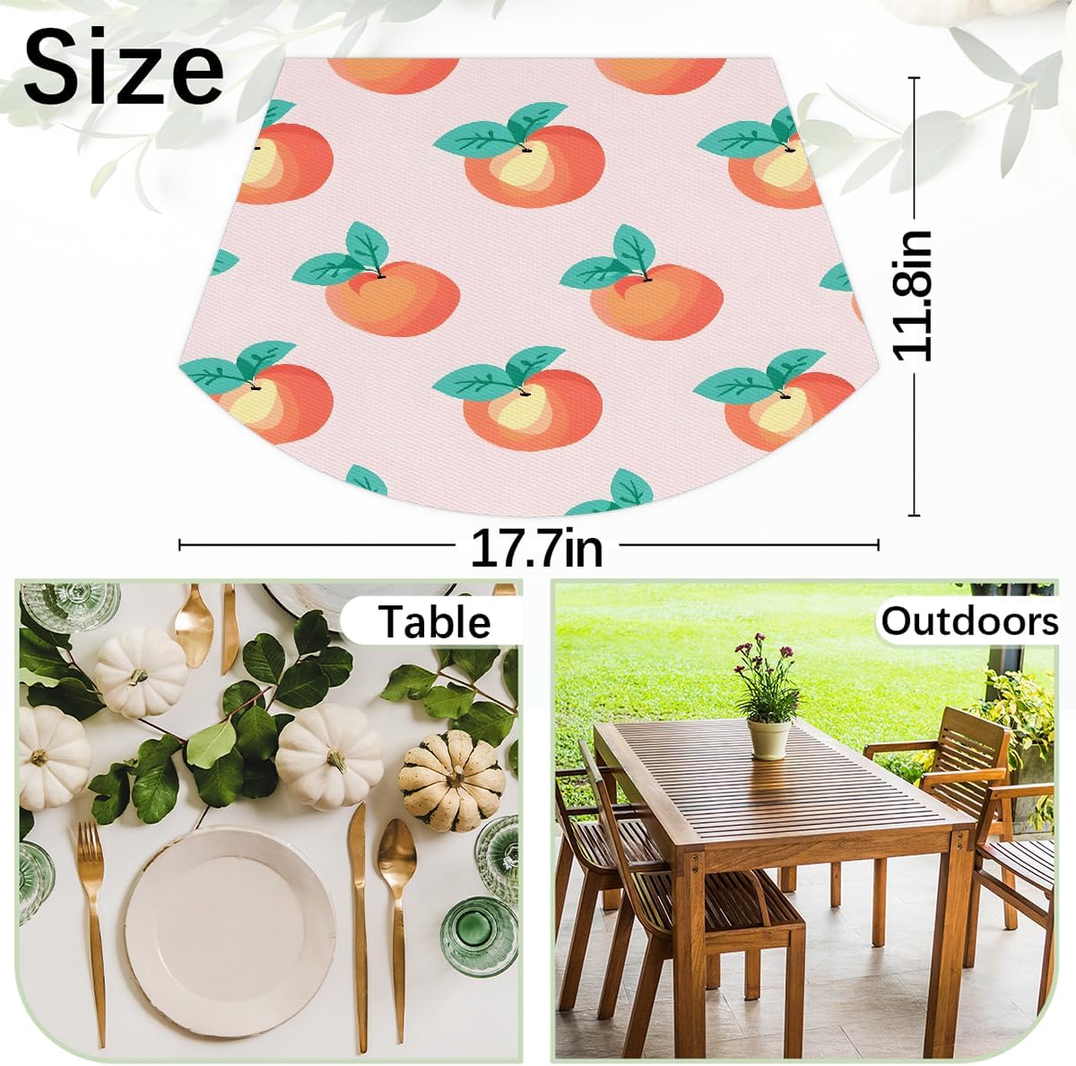 PVC Wedge Placemats for Round Tables Set of 5,Waterproof Heat-Resistant Table Mats, 17.7x11.8 Inch, Fruits Peach Pattern Printed Decor
