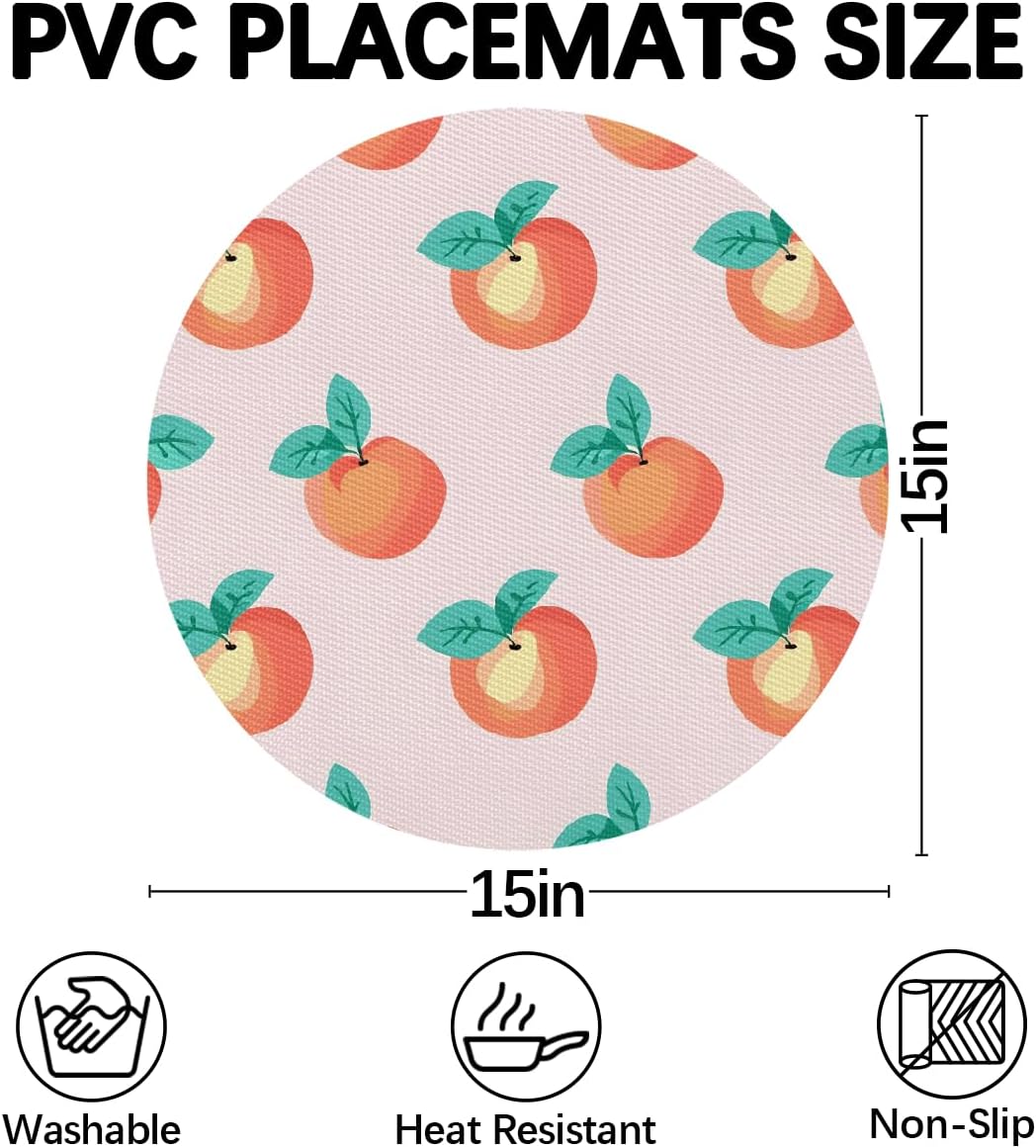 PVC Wedge Placemats for Round Tables Set of 5,Waterproof Heat-Resistant Table Mats, 17.7x11.8 Inch, Fruits Peach Pattern Printed Decor