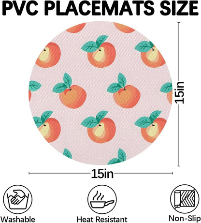 PVC Wedge Placemats for Round Tables Set of 5,Waterproof Heat-Resistant Table Mats, 17.7x11.8 Inch, Fruits Peach Pattern Printed Decor