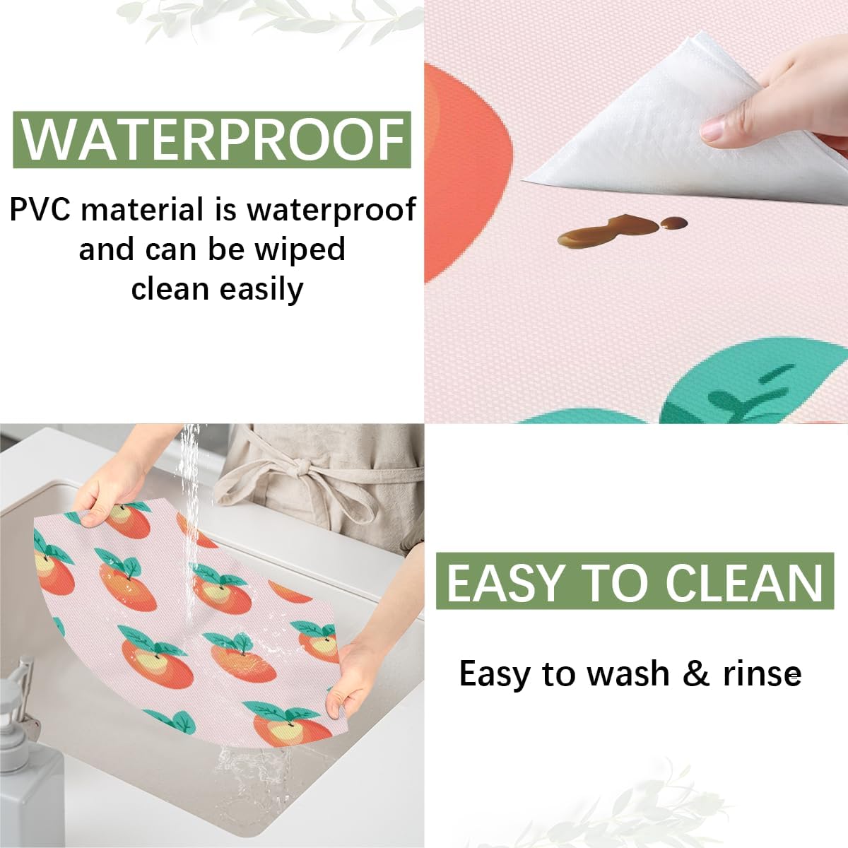 PVC Wedge Placemats for Round Tables Set of 5,Waterproof Heat-Resistant Table Mats, 17.7x11.8 Inch, Fruits Peach Pattern Printed Decor