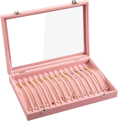 15 Hooks Necklace Organizer,Velvet Necklace Holder Tray with Lid
