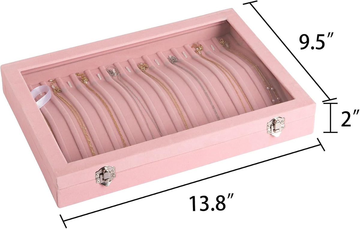 15 Hooks Necklace Organizer,Velvet Necklace Holder Tray with Lid