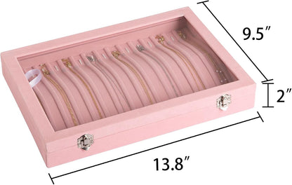 15 Hooks Necklace Organizer,Velvet Necklace Holder Tray with Lid