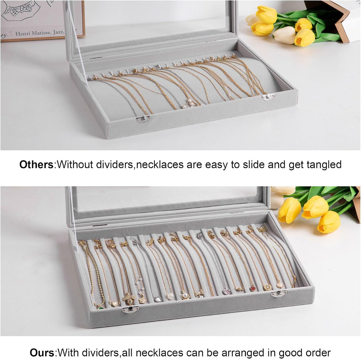 15 Hooks Necklace Organizer,Velvet Necklace Holder Tray with Lid