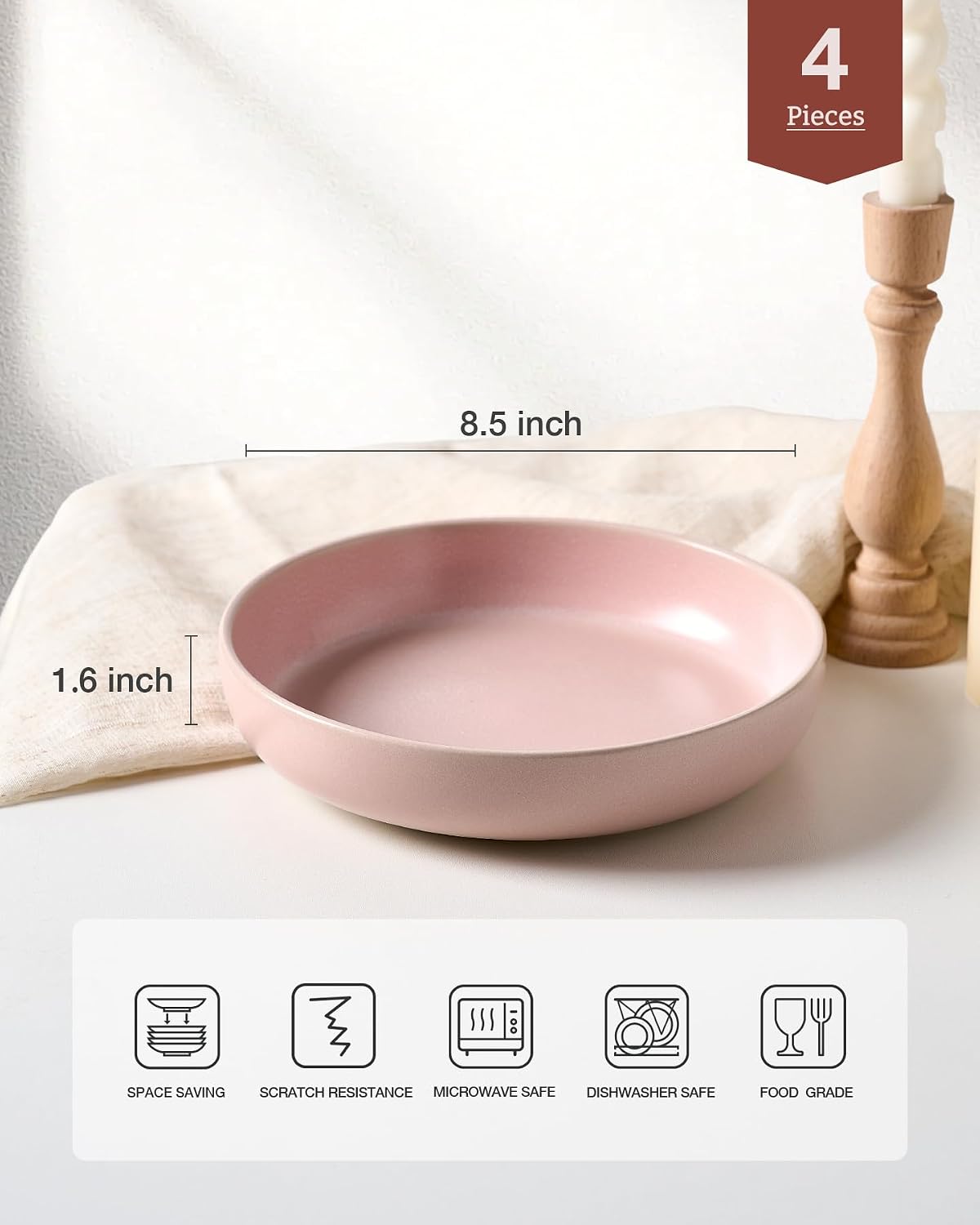 Milkyway 33 oz Pasta Bowls Set of 4, Light Pink
