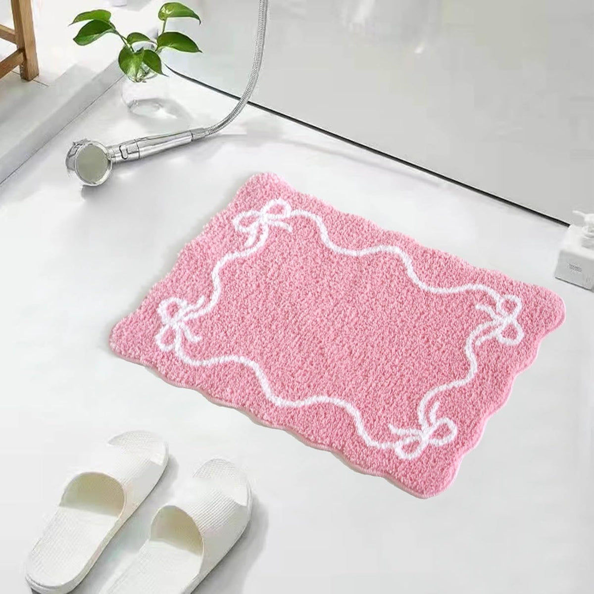 Pink Bow Bath Mat Cute Bow Bathroom Rug Super Soft Absorbent Bathroom Rugs Non Slip Bath Mat Machine Washable Rug for Bathrooms 16x24 inches (Pink, 40x60cm)
