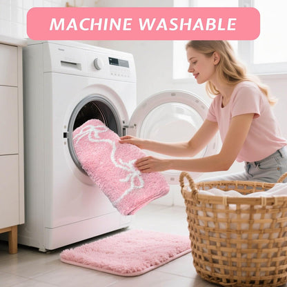 Pink Bow Bath Mat Cute Bow Bathroom Rug Super Soft Absorbent Bathroom Rugs Non Slip Bath Mat Machine Washable Rug for Bathrooms 16x24 inches (Pink, 40x60cm)