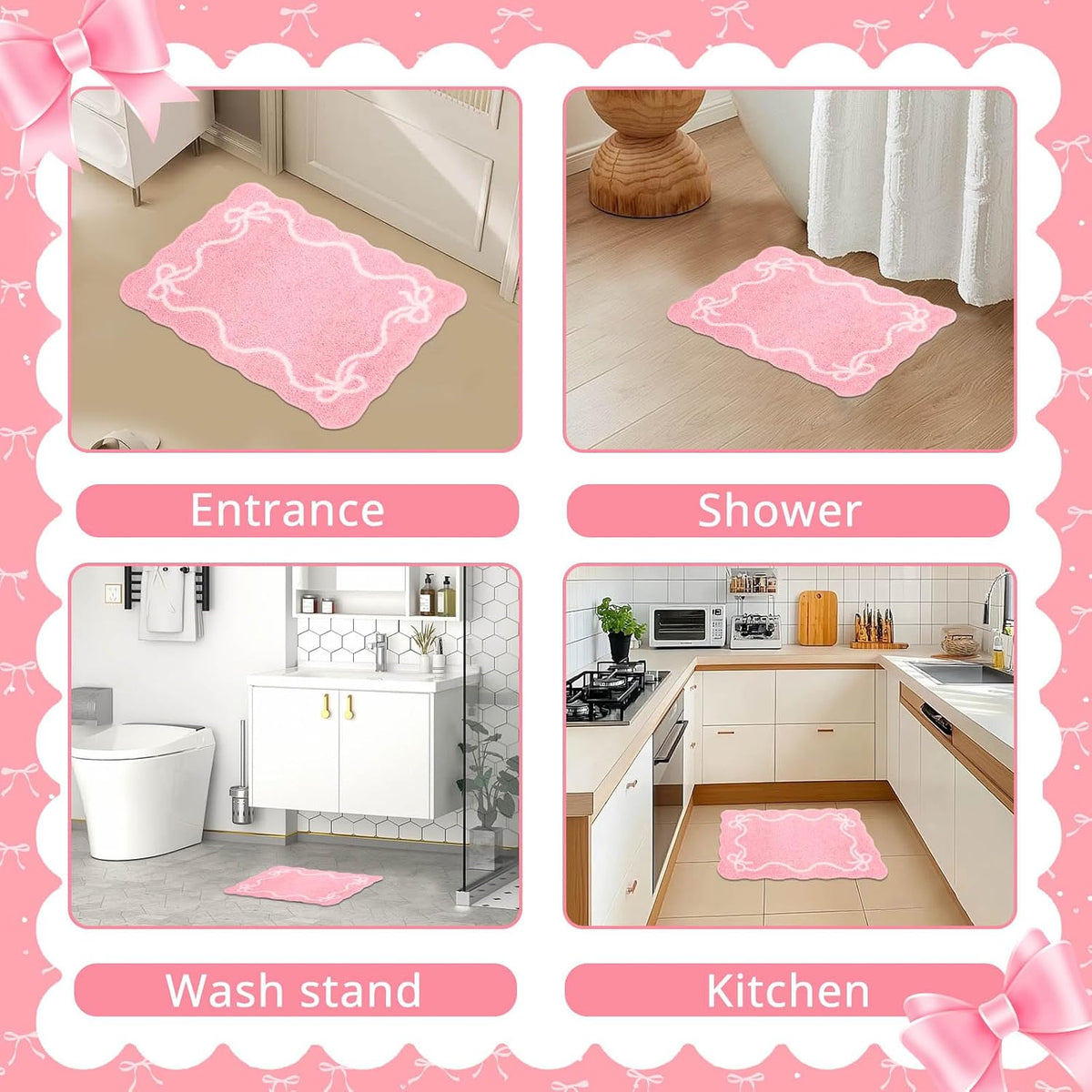 Pink Bow Bath Mat Cute Bow Bathroom Rug Super Soft Absorbent Bathroom Rugs Non Slip Bath Mat Machine Washable Rug for Bathrooms 16x24 inches (Pink, 40x60cm)