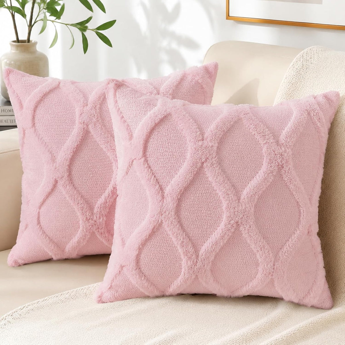 Fall Faux Fur Blush Pink Throw Pillow Covers 18x18 Set of 2