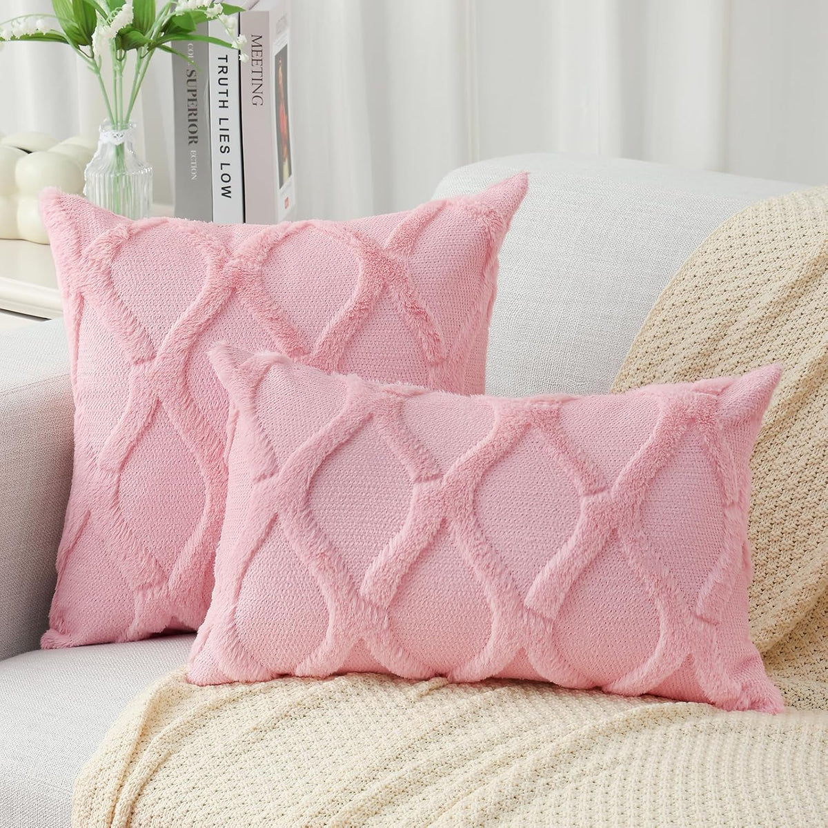 Fall Faux Fur Blush Pink Throw Pillow Covers 18x18 Set of 2