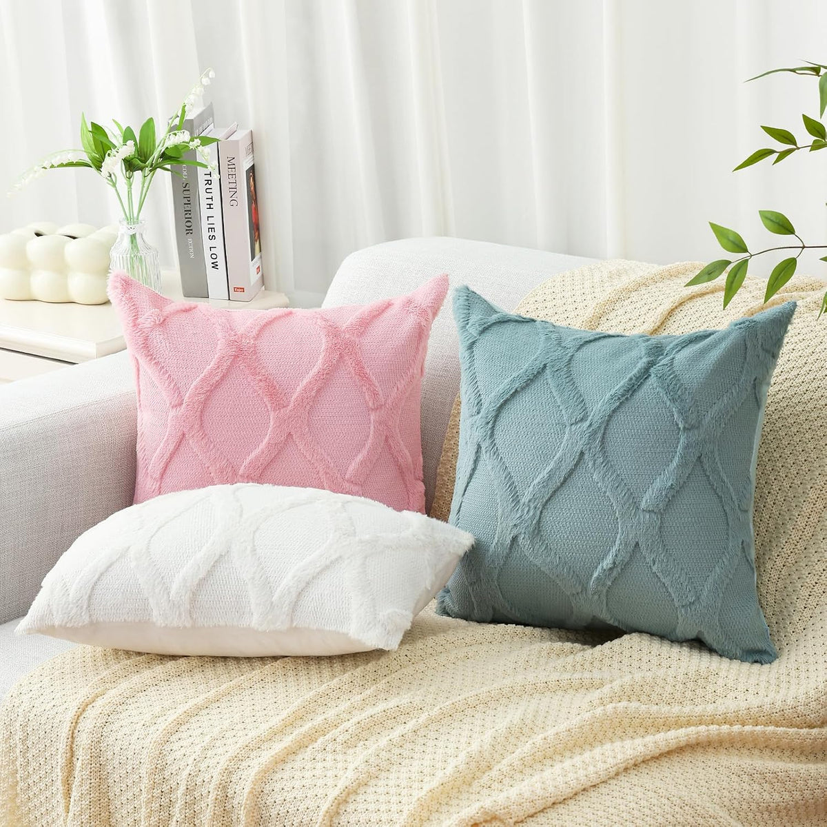 Fall Faux Fur Blush Pink Throw Pillow Covers 18x18 Set of 2
