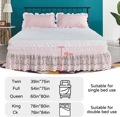 Pink Lace Bed Skirt for Queen Bed - 15in. Drop, Easy Fit Ruffle Bedskirt Wrap Around Bed Skirt, Anti Wrinkle & Fade Resistant
