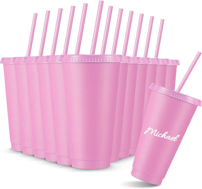 12 Pcs Reusable Plastic Cup with Lid and Straw 24 oz, Pink