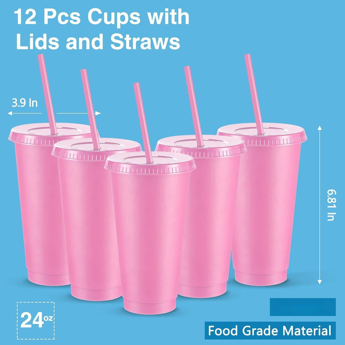 12 Pcs Reusable Plastic Cup with Lid and Straw 24 oz, Pink