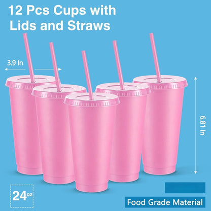 12 Pcs Reusable Plastic Cup with Lid and Straw 24 oz, Pink