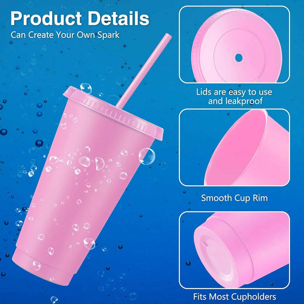 12 Pcs Reusable Plastic Cup with Lid and Straw 24 oz, Pink