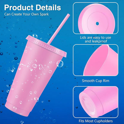 12 Pcs Reusable Plastic Cup with Lid and Straw 24 oz, Pink