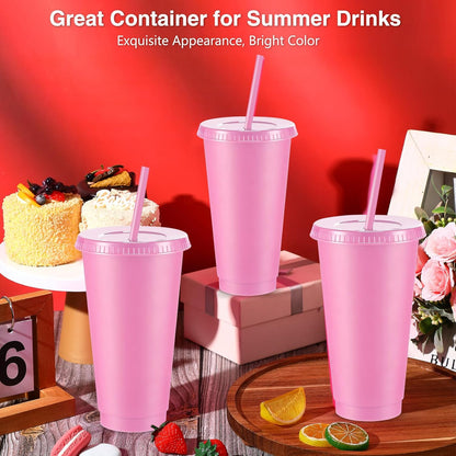 12 Pcs Reusable Plastic Cup with Lid and Straw 24 oz, Pink