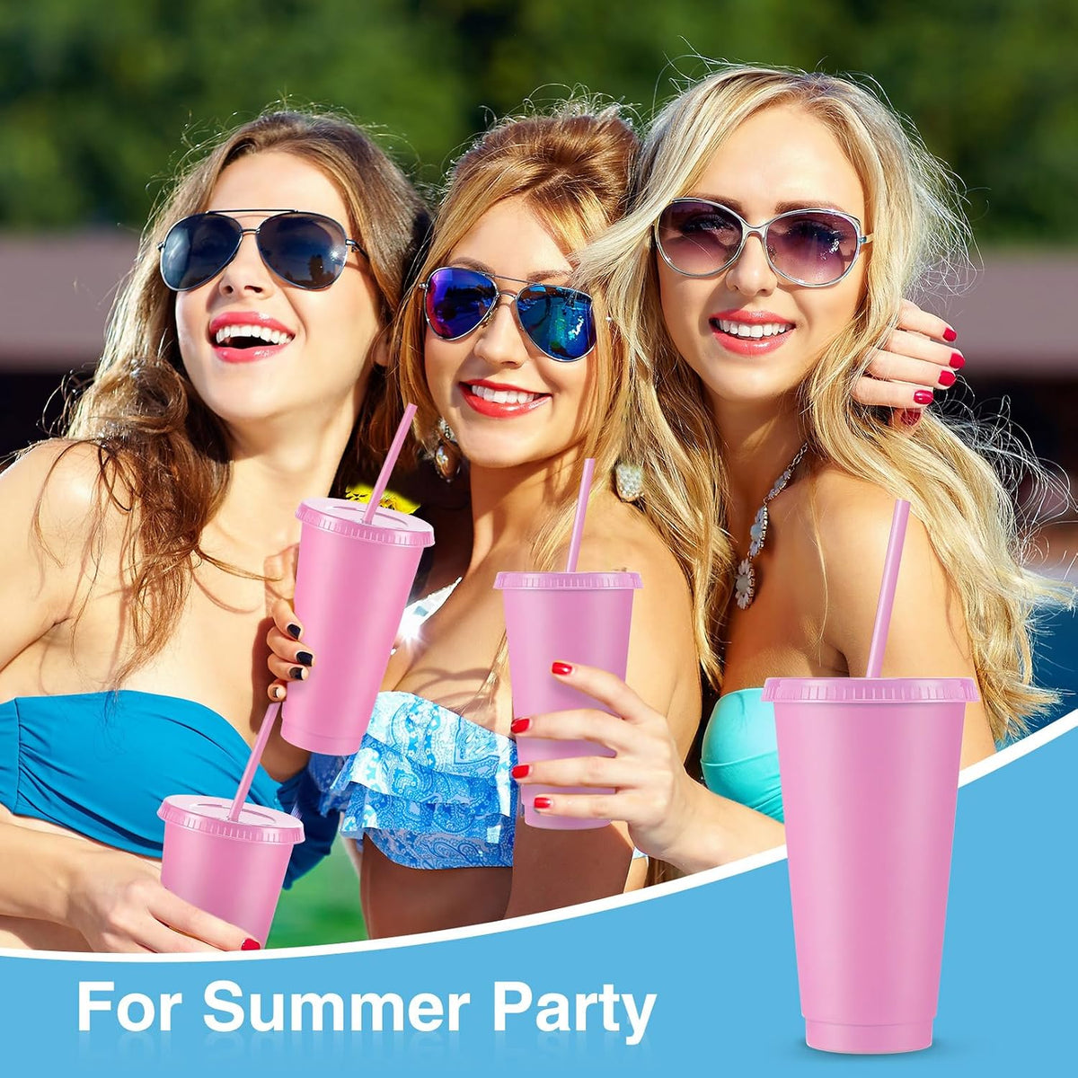 12 Pcs Reusable Plastic Cup with Lid and Straw 24 oz, Pink