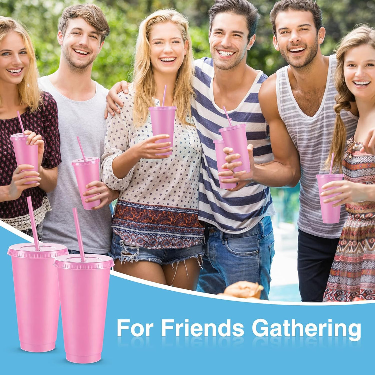 12 Pcs Reusable Plastic Cup with Lid and Straw 24 oz, Pink