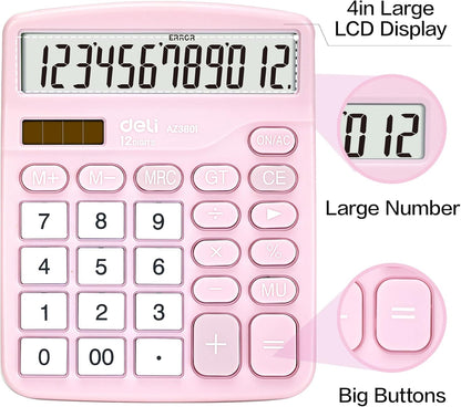 Calculator, Deli Standard Function Desktop Calculators with 12 Digit Large LCD Display and Sensitive Button, Solar Battery Dual Power Office Calculator, Pink