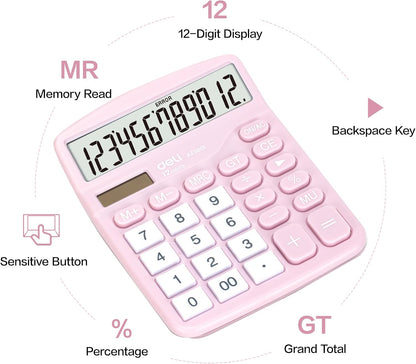 Calculator, Deli Standard Function Desktop Calculators with 12 Digit Large LCD Display and Sensitive Button, Solar Battery Dual Power Office Calculator, Pink