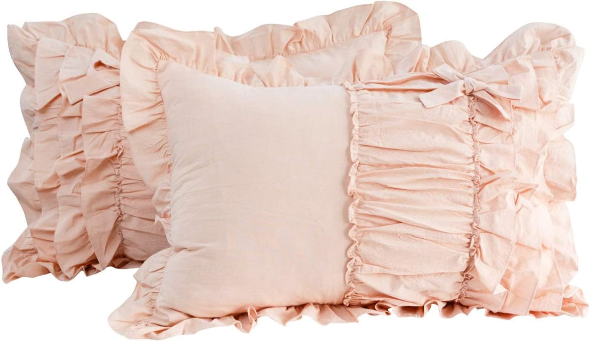 Modern 2Pcs 20x36 Pillowcase Ruched Bow Ruffles Pillow Shams Decorative Shabby Chic Pillow Covers Bowknot Peach Pink 100% Washed Cotton King/Cal King (NO Comforter NO Filling)