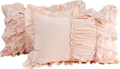 Modern 2Pcs 20x36 Pillowcase Ruched Bow Ruffles Pillow Shams Decorative Shabby Chic Pillow Covers Bowknot Peach Pink 100% Washed Cotton King/Cal King (NO Comforter NO Filling)