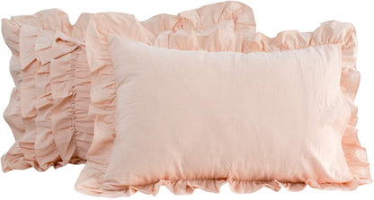 Modern 2Pcs 20x36 Pillowcase Ruched Bow Ruffles Pillow Shams Decorative Shabby Chic Pillow Covers Bowknot Peach Pink 100% Washed Cotton King/Cal King (NO Comforter NO Filling)