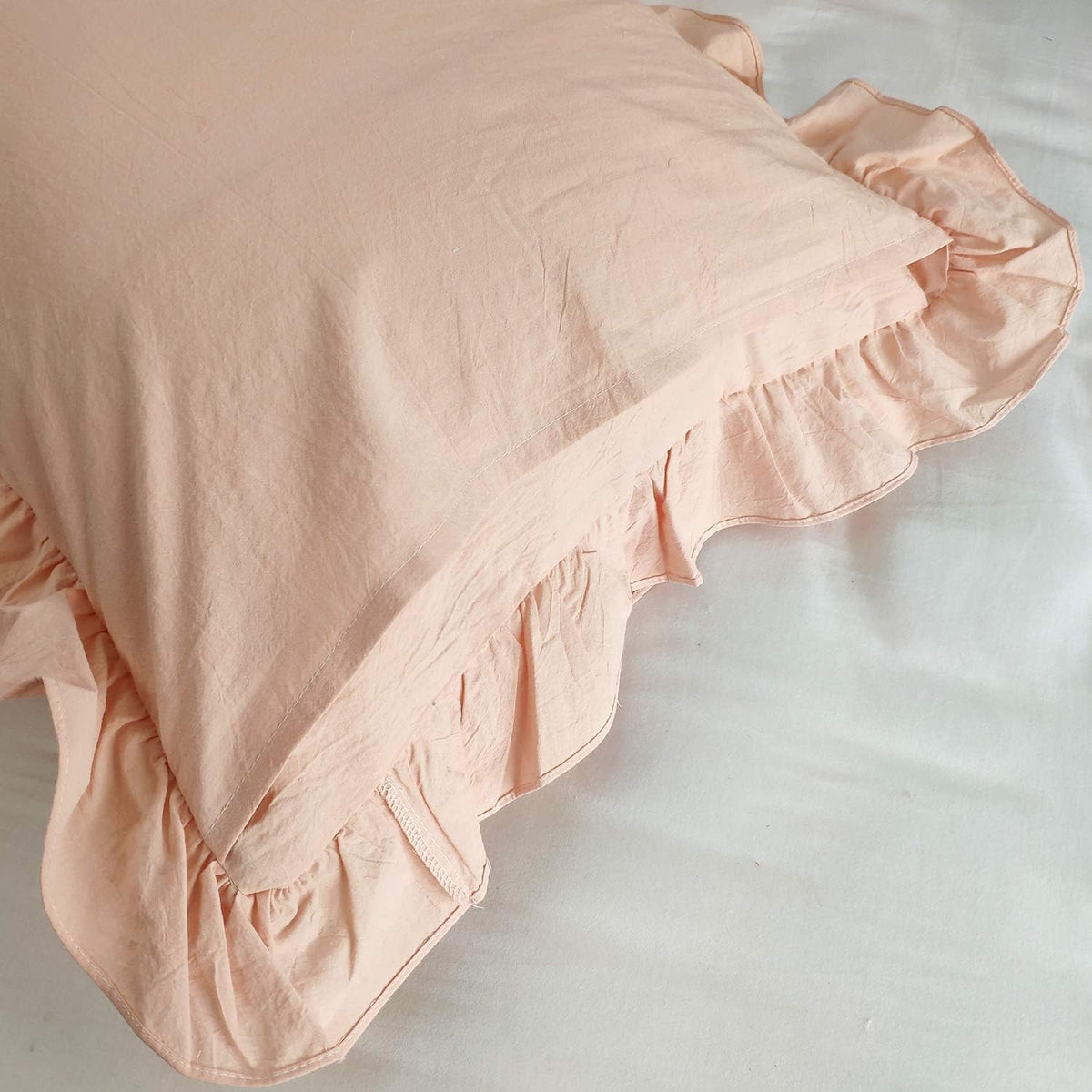 Modern 2Pcs 20x36 Pillowcase Ruched Bow Ruffles Pillow Shams Decorative Shabby Chic Pillow Covers Bowknot Peach Pink 100% Washed Cotton King/Cal King (NO Comforter NO Filling)