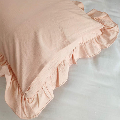 Modern 2Pcs 20x36 Pillowcase Ruched Bow Ruffles Pillow Shams Decorative Shabby Chic Pillow Covers Bowknot Peach Pink 100% Washed Cotton King/Cal King (NO Comforter NO Filling)
