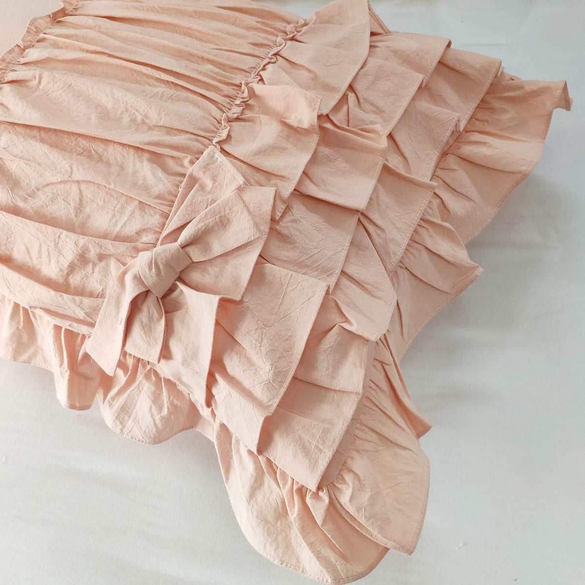Modern 2Pcs 20x36 Pillowcase Ruched Bow Ruffles Pillow Shams Decorative Shabby Chic Pillow Covers Bowknot Peach Pink 100% Washed Cotton King/Cal King (NO Comforter NO Filling)