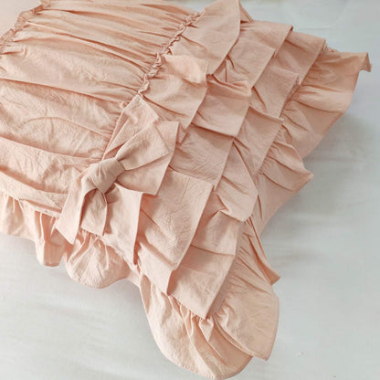 Modern 2Pcs 20x36 Pillowcase Ruched Bow Ruffles Pillow Shams Decorative Shabby Chic Pillow Covers Bowknot Peach Pink 100% Washed Cotton King/Cal King (NO Comforter NO Filling)