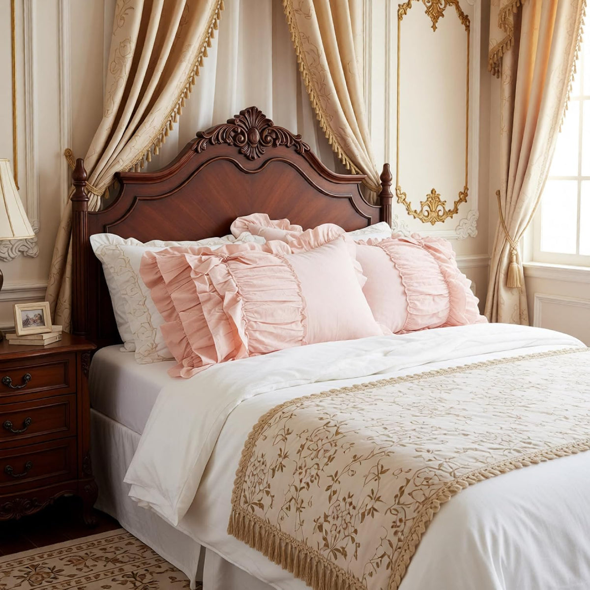 Modern 2Pcs 20x36 Pillowcase Ruched Bow Ruffles Pillow Shams Decorative Shabby Chic Pillow Covers Bowknot Peach Pink 100% Washed Cotton King/Cal King (NO Comforter NO Filling)